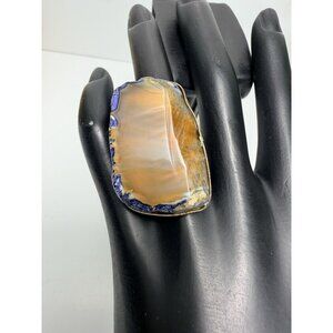 Vintage Bold Statement Agate Ring Large Artisan Bronze Tone Unique Design